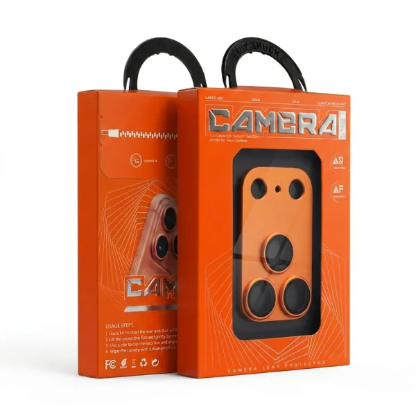 Protection caméra iPhone 17 Pro / 17 Pro Max AR+AF Full Metal - Verre trempé Orange Packaging