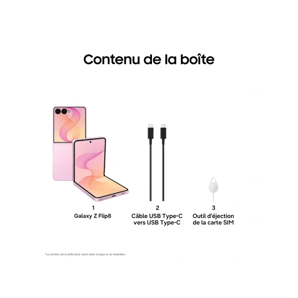 SAMSUNG Galaxy Z Flip8 - Neuf Rose Contenu de la boîte