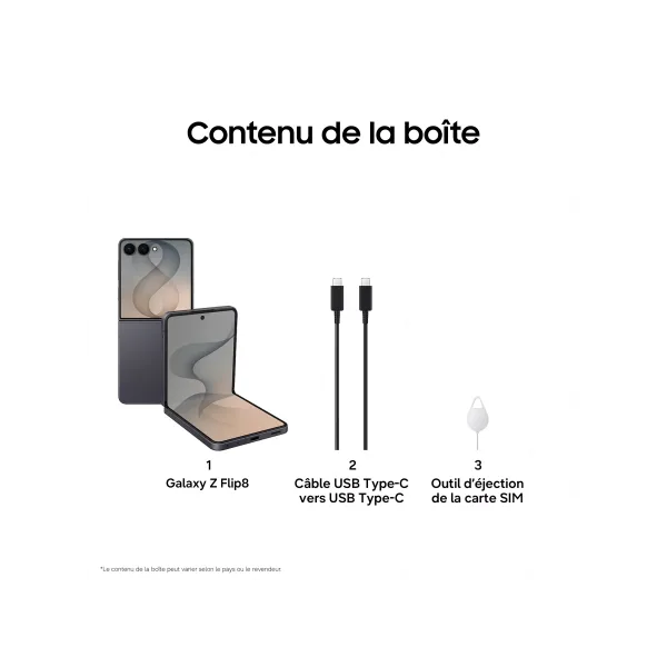 SAMSUNG Galaxy Z Flip8 - Neuf Noir Contenu de la boîte