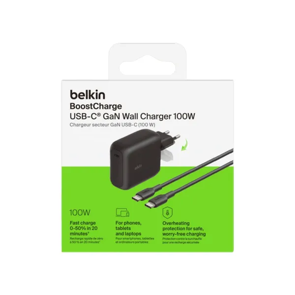 BELKIN Chargeur Secteur USB-C 100W + Câble USB-C vers USB-C 1,5m Noir