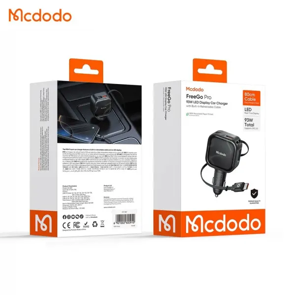 MCDODO Chargeur Voiture Allume-Cigare Câble USB-C Rétractable Intégré 93W