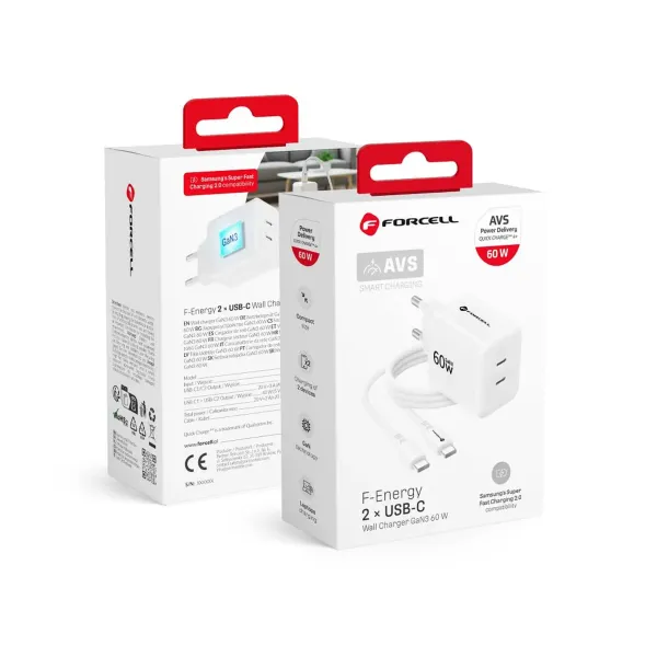 Forcell F-Energy GaN III Chargeur de téléphone USB C vers USB C Blanc
