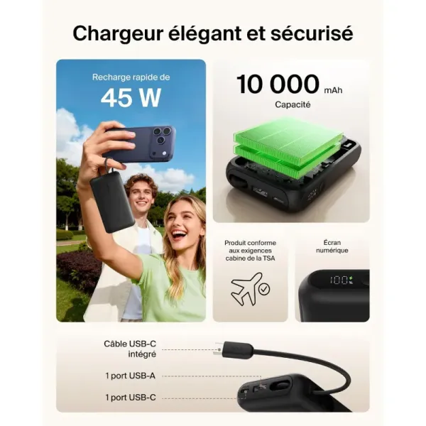 BELKIN Batterie externe 10 000 mAh 1 USB-C PD 45W + 1 USB-A 18W + 1 Câble USB-C Black