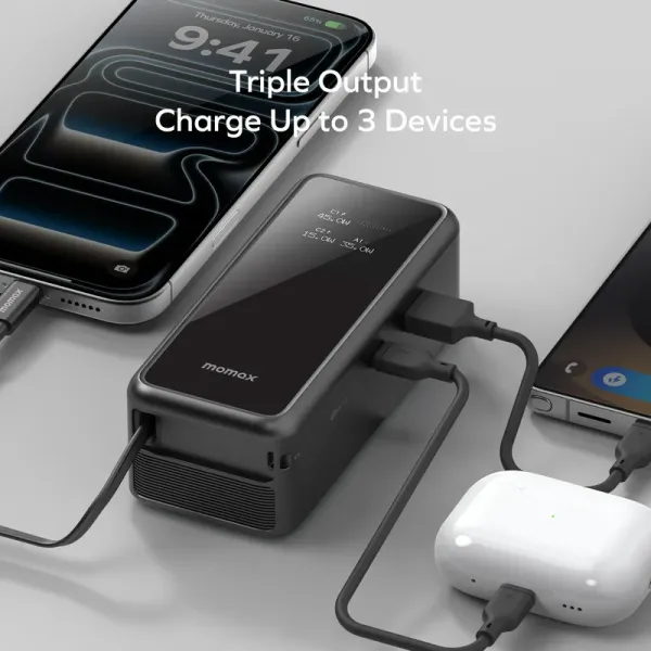 MOMAX 1-Pac+ 10000mAh 3-en-1 GaN avec câble USB-C rétractable