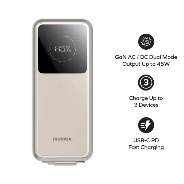 MOMAX 1-Pac+ 10000mAh 3-en-1 GaN avec câble USB-C rétractable