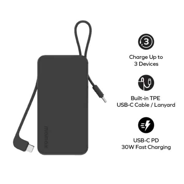 MOMAX Batterie externe Power Vital+ 10000 mAh avec 2 câbles USB-C intégrés Charge rapide 30W
