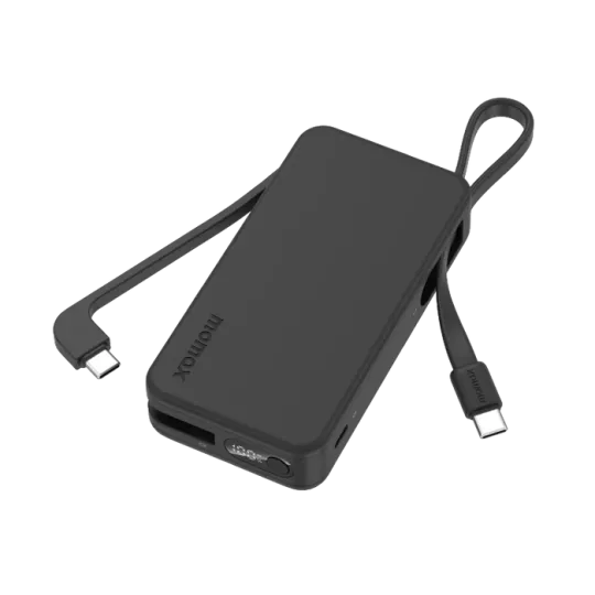 MOMAX Batterie externe Power Vital+ 10000 mAh avec 2 câbles USB-C intégrés Charge rapide 30W Noir