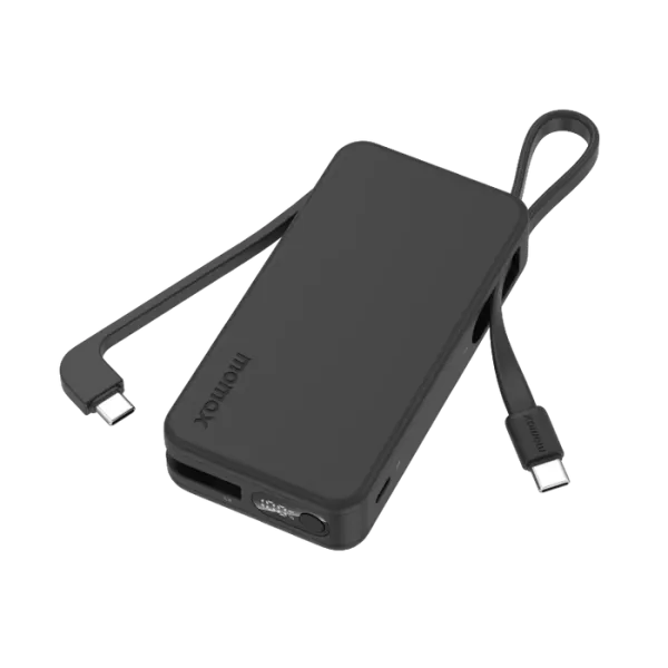 MOMAX Batterie externe Power Vital+ 10000 mAh avec 2 câbles USB-C intégrés Charge rapide 30W Noir