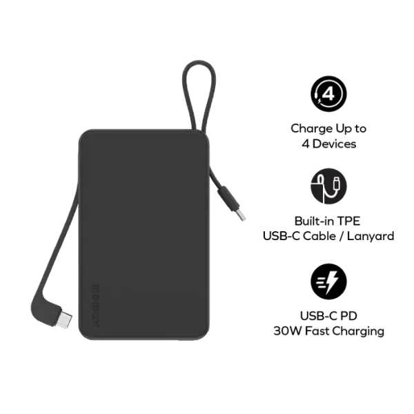 MOMAX Batterie externe Power Vital+ 20000 mAh avec 2 câbles USB-C intégrés Charge rapide 30W Noir