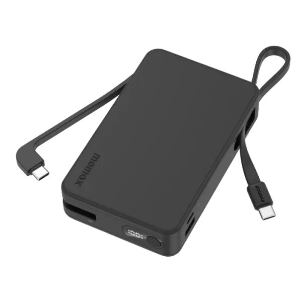 MOMAX Batterie externe Power Vital+ 20000 mAh avec 2 câbles USB-C intégrés Charge rapide 30W Noir