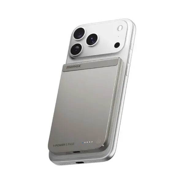 MOMAX Batterie externe magnétique Qi2 1-Power S.Pass 5000 mAh Charge sans fil 15W Argent