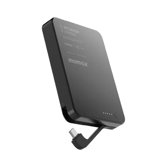 MOMAX Batterie externe magnétique 1-Power F.Pass+ 10000mAh avec câble USB-C intégré Noir