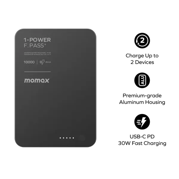 MOMAX Batterie externe magnétique 1-Power F.Pass+ 10000mAh avec câble USB-C intégré