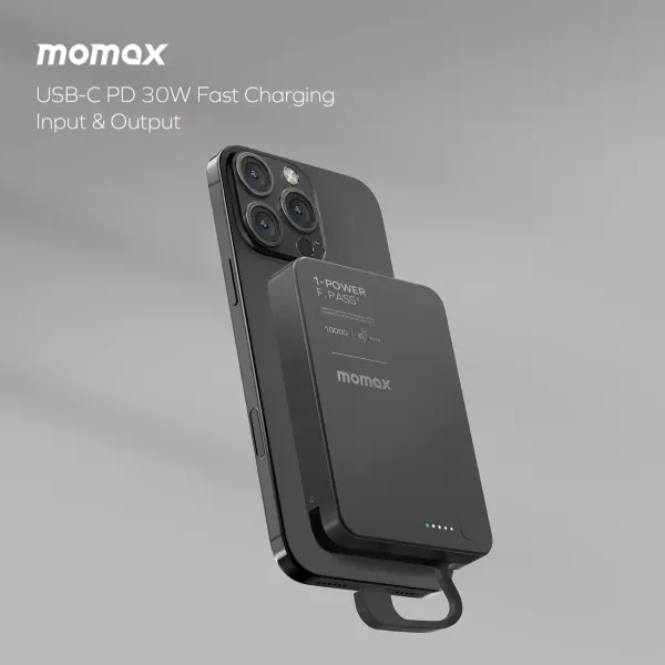 MOMAX Batterie externe magnétique 1-Power F.Pass+ 10000mAh avec câble USB-C intégré