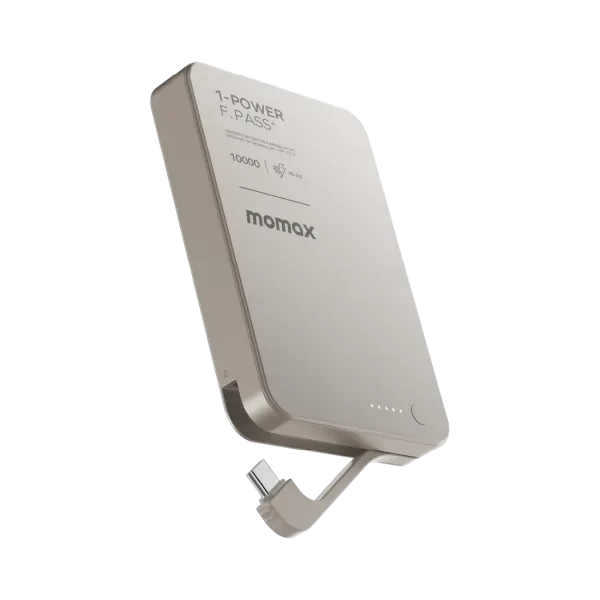 MOMAX Batterie externe magnétique 1-Power F.Pass+ 10000mAh avec câble USB-C intégré Argent Titane