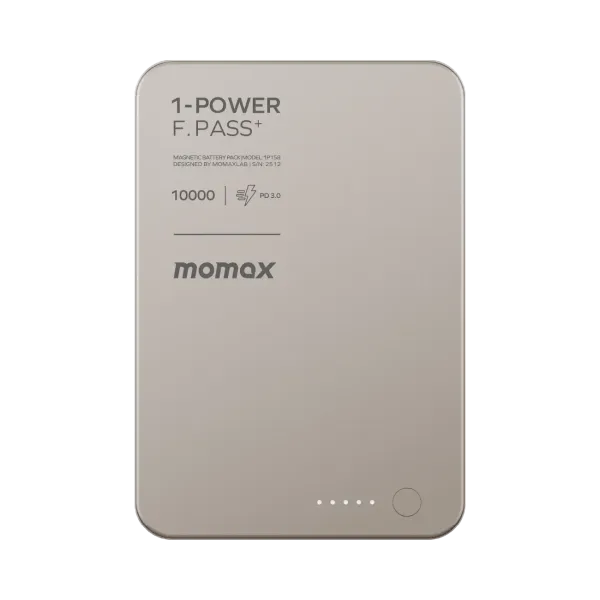 MOMAX Batterie externe magnétique 1-Power F.Pass+ 10000mAh avec câble USB-C intégré Argent Titane