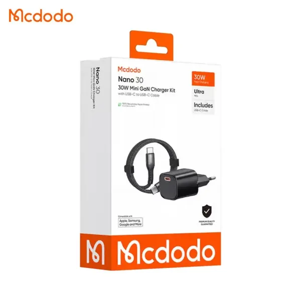 MCDODO Chargeur Secteur USB-C avec Câble USB-C vers USB-C 30W 1m Noir