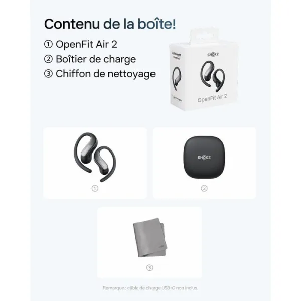 SHOKZ Open Fit Air 2- Ecouteurs bluetooth TWS à conduction aérienne Noir