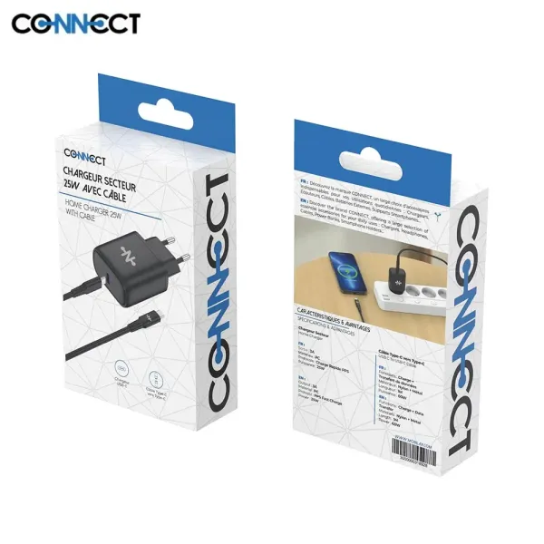 CONNECT - Chargeur Secteur USB-C Charge Rapide 25W avec câble 1m Noir