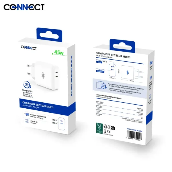 CONNECT - Chargeur Secteur Multi GaN (2x USB-C) 45W Blanc