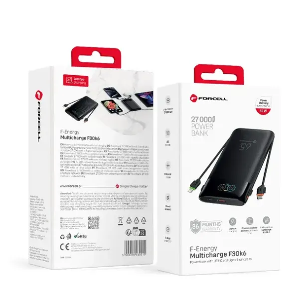 FORCELL Batterie externe multicharge avec câbles intégrés Type C et Lightning