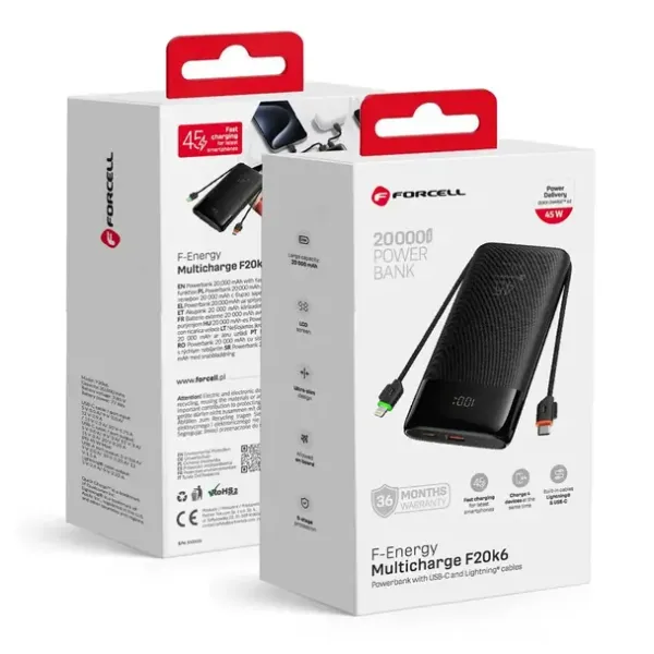 FORCELL Batterie externe multicharge avec câbles intégrés Type C et Lightning