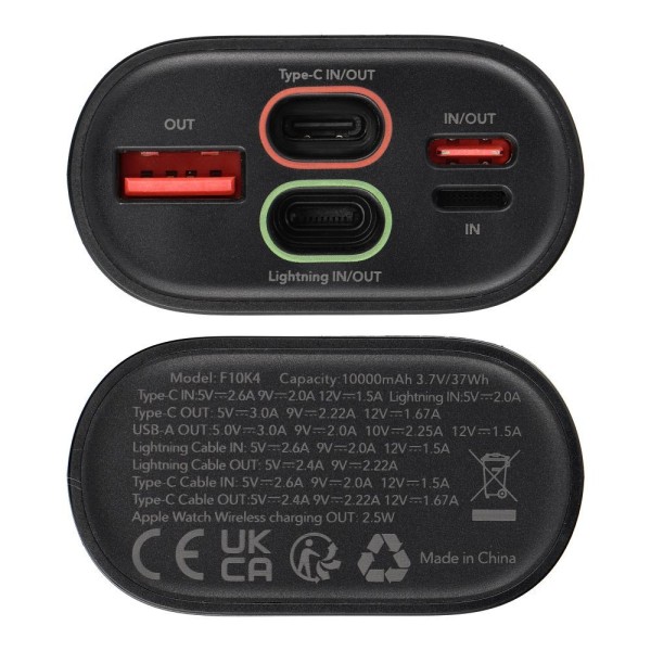 FORCELL F-ENERGY Batterie externe noire USB-A USB-C Lightning compatible Apple Watch 3A 22,5W 10 000 mAh