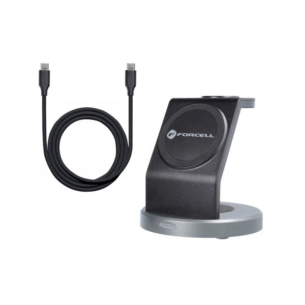 FORCELL Support de charge magnétique MagSafe 3en1 noir 15W + câble USB-C vers USB-C
