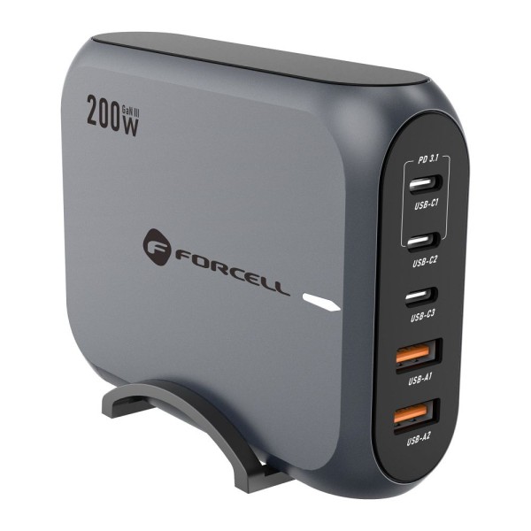 FORCELL F-ENERGY Chargeur de bureau multi-ports 3x USB-C + 2x USB-A 200W avec câble secteur