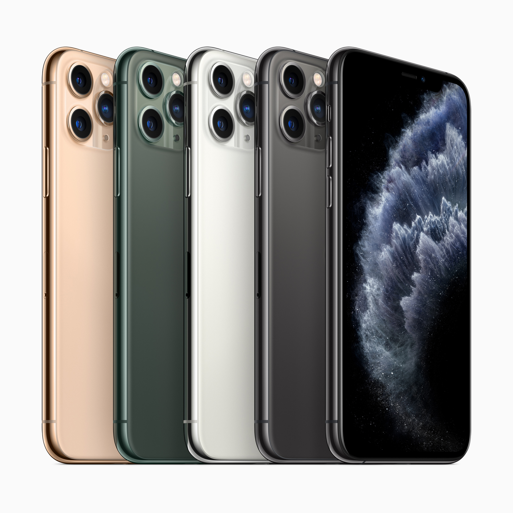 Déclinaisons des couleurs d'iPhone 11 Pro Max debout vu inclinée de la tranche