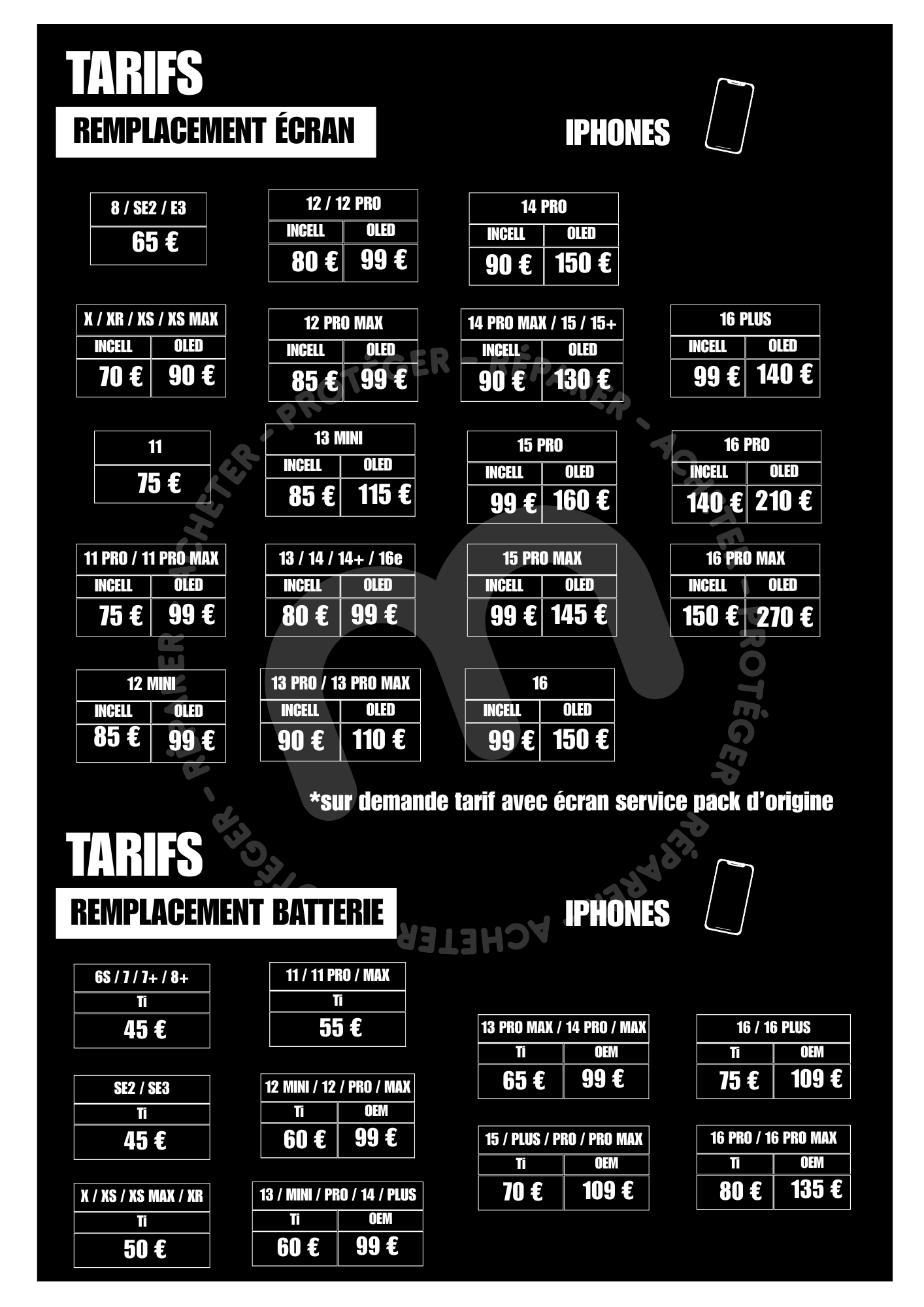 Affiche tarifs remplacement écran et batterie iPhone