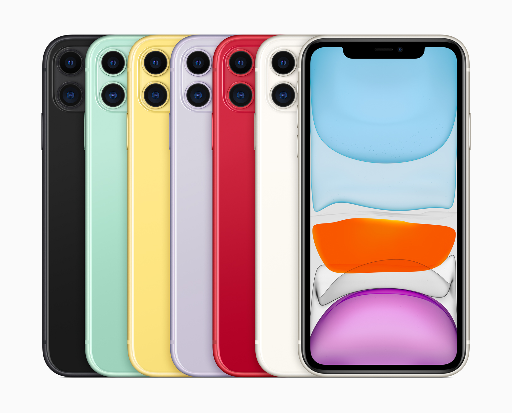 Les 6 déclinaisons de couleur de l'iPhone 11 (noir, vert, jaune, mauve, rouge, blanc)