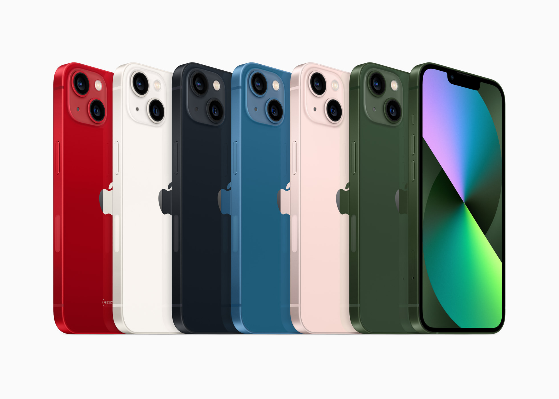 6 iPhone 13 mini de couleurs différentes à la verticale et inclinés vers nous