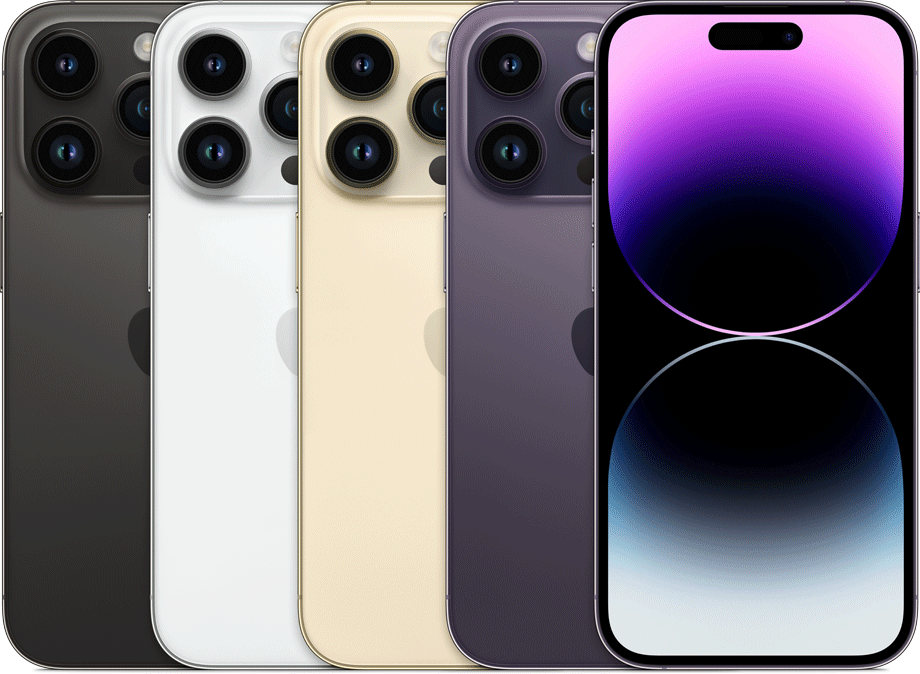 4 iPhones 14 Pro Max debout de couleurs différentes face à nous