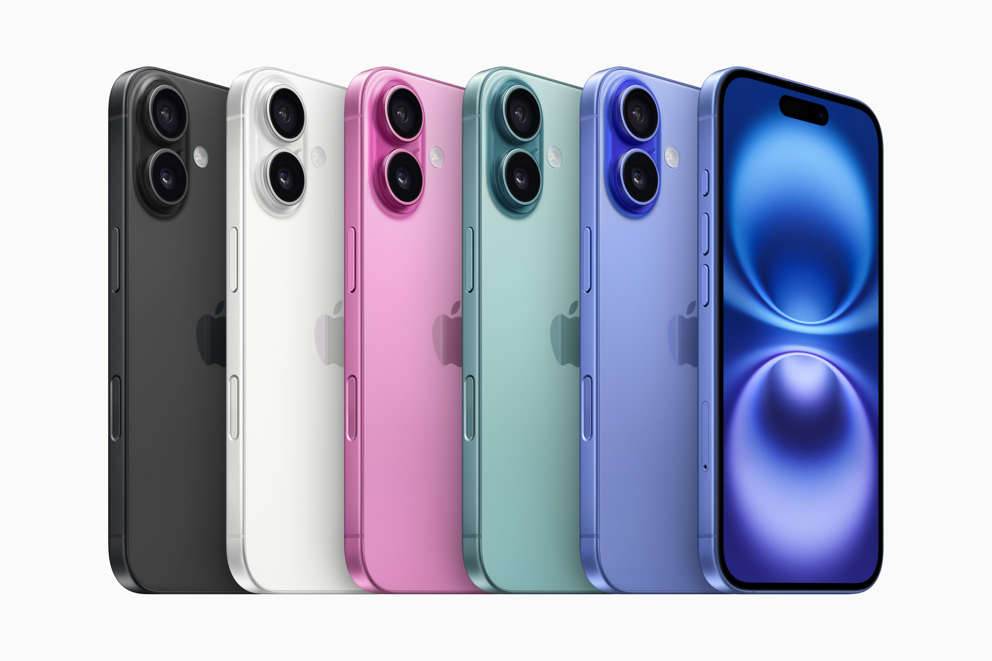 5 iPhones 16 Plus de couleur différente debout face à nous et inclinés de façon à dévoiler leur face arrière en verre renforcé et leur module d'appareil photo à deux objectifs